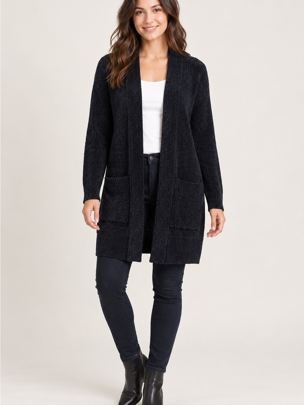 NWOT Matty M Black Open-Front Long Cardigan with Front Pockets
